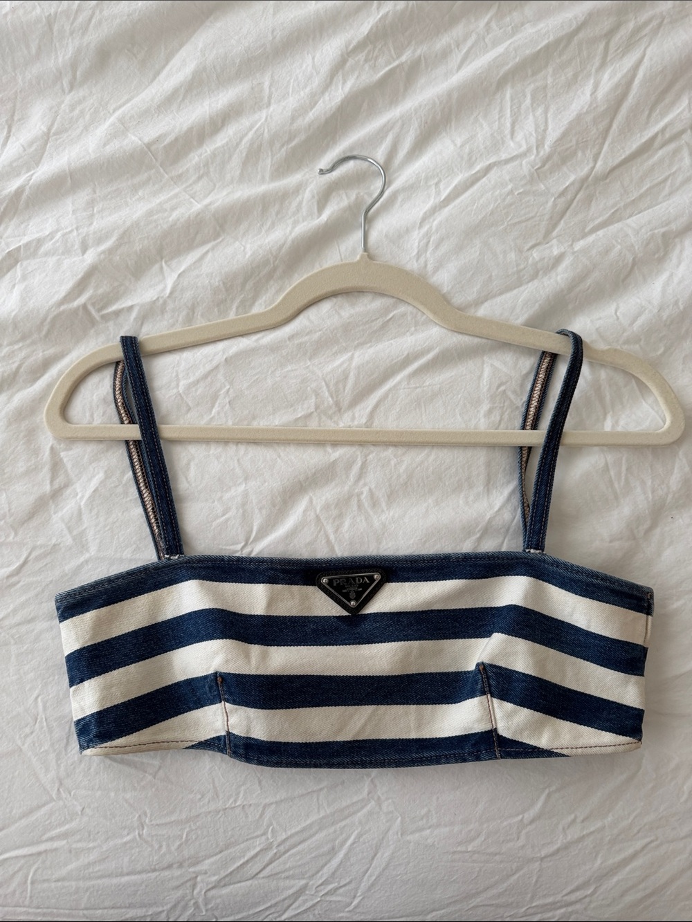 Prada Navy and Cream Striped Bralette with Logo